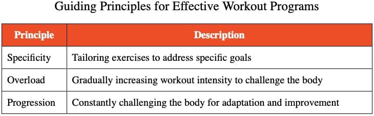 Table answering What are the three underlying training principles of effective workout programs?