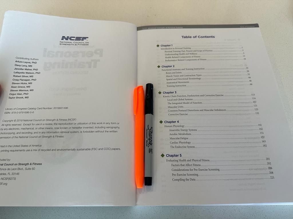 The table of contents for the NCSF cpt textbook with study pens ready to note in the text