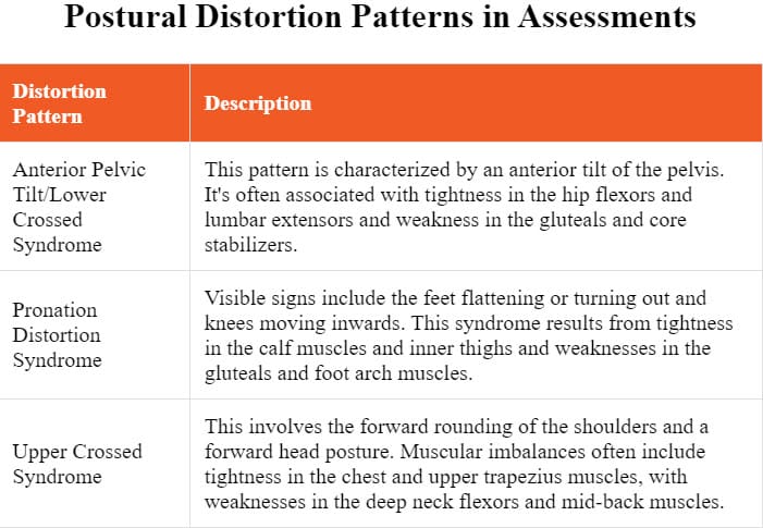 What are three postural distortion patterns to look for in static postural assessments?
Anterior pelvic tilt/lower crossed syndrome, pronation distortion syndrome and upper crossed syndrome.